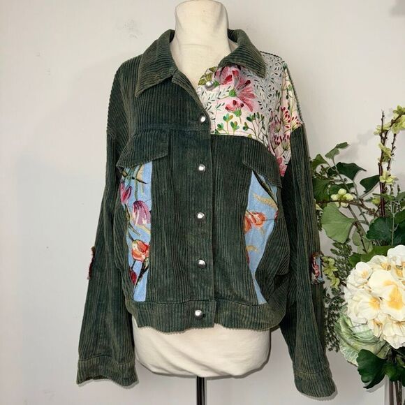 POL Corduroy Floral Patchwork Jacket | Large | Green Button Front - Picture 1 of 10